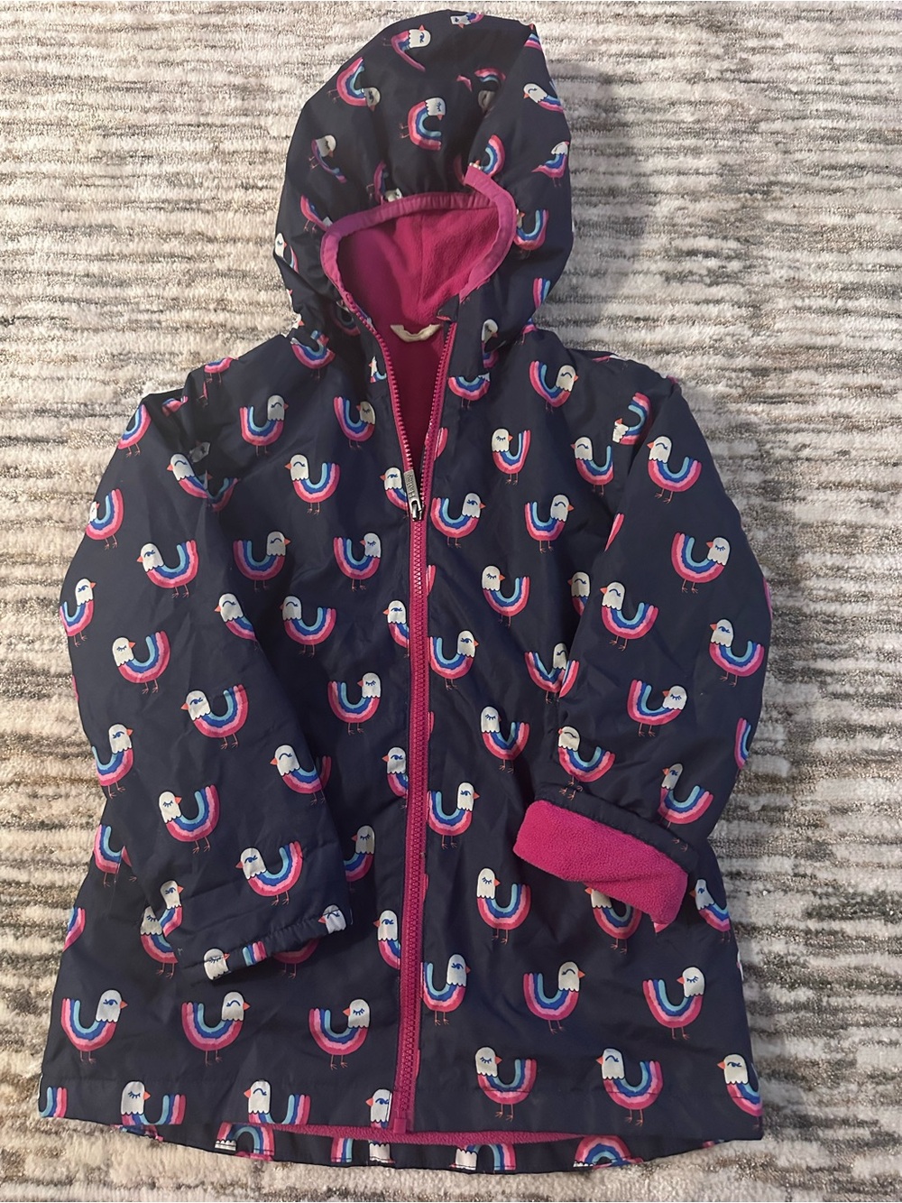 Hatley Navy Hooded Jacket with Pink Fleece Lining and Bird Print - size 8 kids